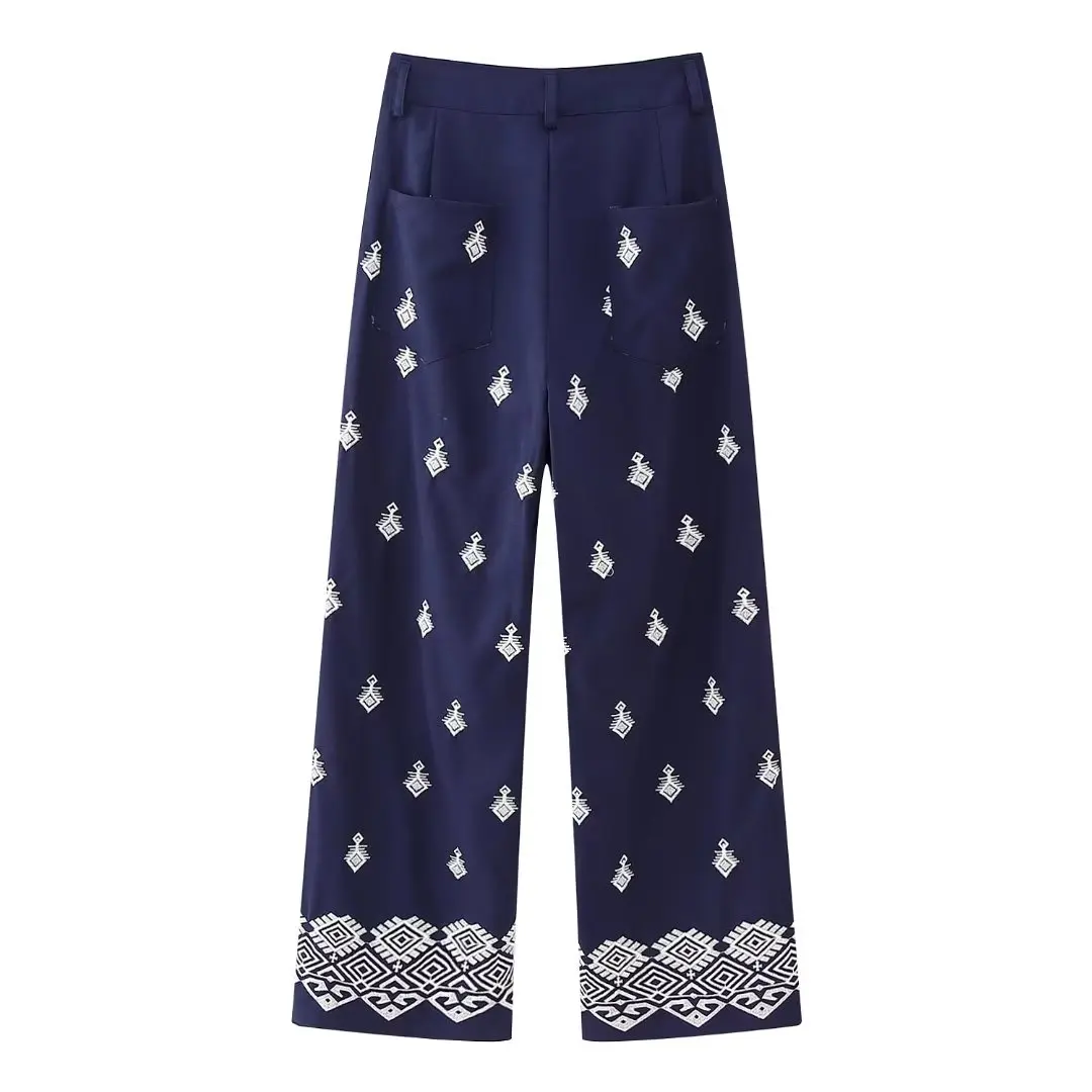 Embroidered Pants Wide Leg Trousers High Waist Casual Bottom Wears Women\'s Clothing