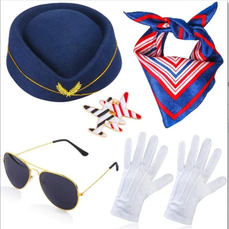 New Female Flight Attendant Hat, Sunglasses, Silk Scarf, Gloves Brooch Stewardess Cosplay Costume Costume Party Prop Accessories