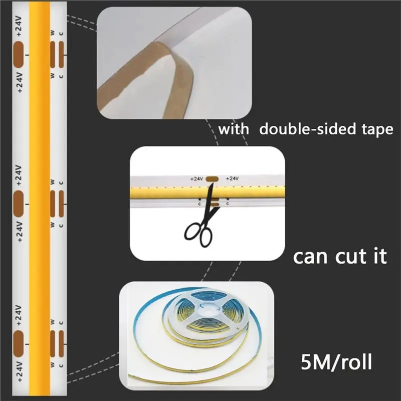 F-F COB LED Strip Lights 10M,Three-Color Lights,12V/24V 608 Leds/M Dimmable Tape For Room Decor