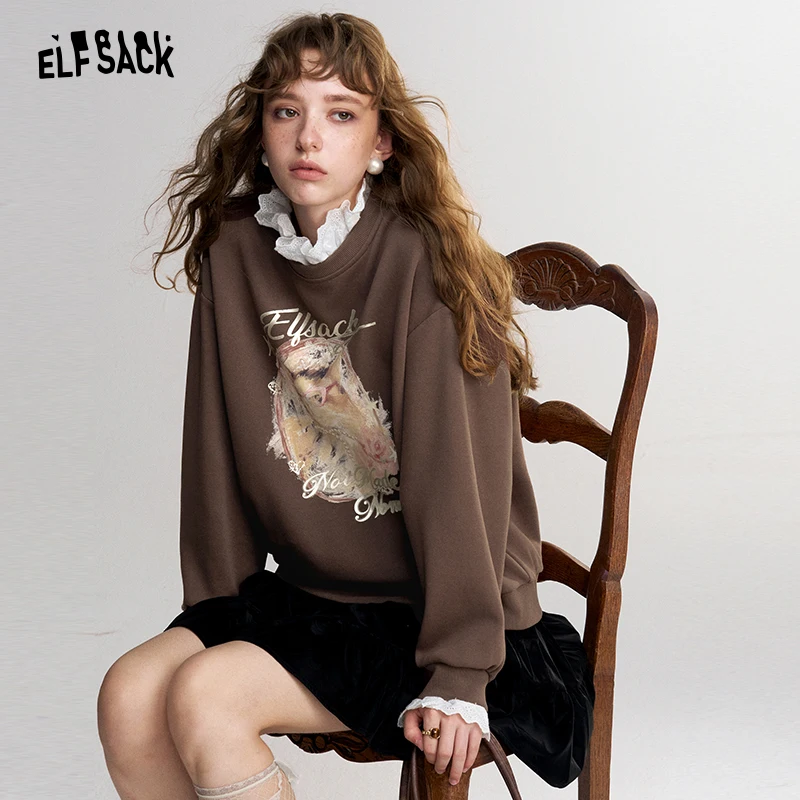 ELFSACK Women Vintage Crewneck Sweatshirt with Figure Art Letter Graphic Print, Loose Casual Pullover Daily Wear
