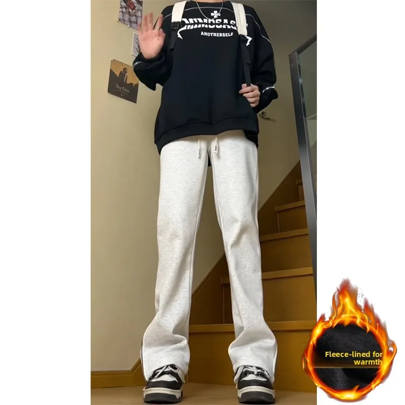 

Trendy Grey Fleece Lined Men's Straight Leg Pants Zipper Cuffed Winter Fashion Casual Youth Polyester Long Trousers