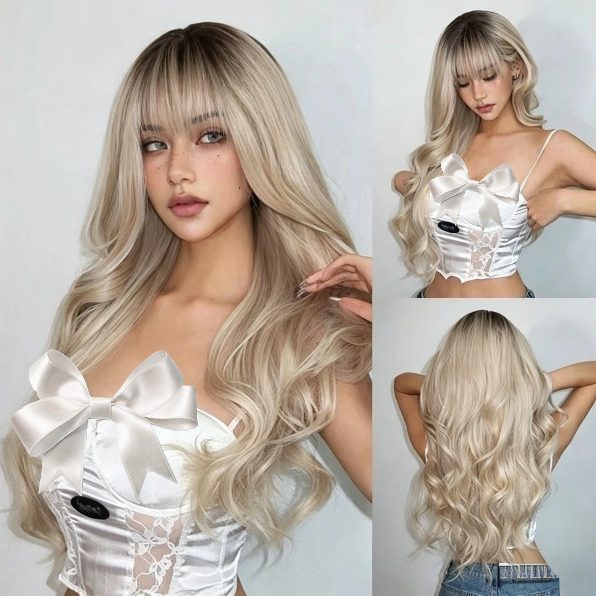 

613 Honey Blonde 200%Density Medium Body Wave with bangs 13x4HD Transparent Lace Frontal Wig Preplucked synthetic hair for Women