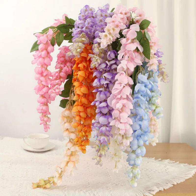 

1pc Artificial Flowers Silk Wisteria Vine Fake Silk Hanging Rattan Flower For Wedding Party Garden Outdoor Greenery Wall Decors