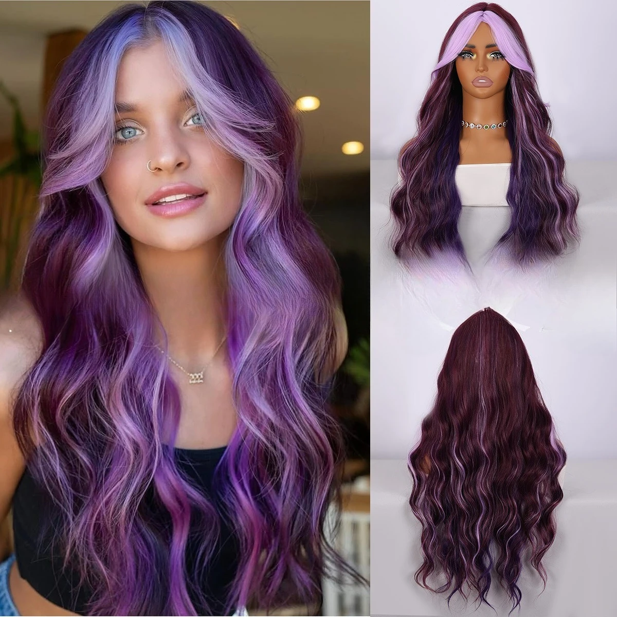 

Hot-selling in Europe and the United States, dyed women's wigs, chemical fiber long curly hair, wig headgear, high temperature s