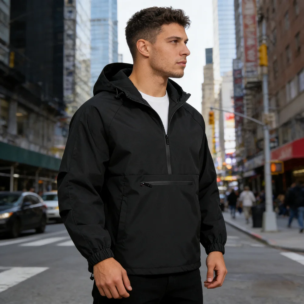 Spring Autumn Men's Anorak Jackets Fashion Man Half zip Streetwear Hip Hop Hooded Coats Men Windbreaker Waterproof Zipper Jacket