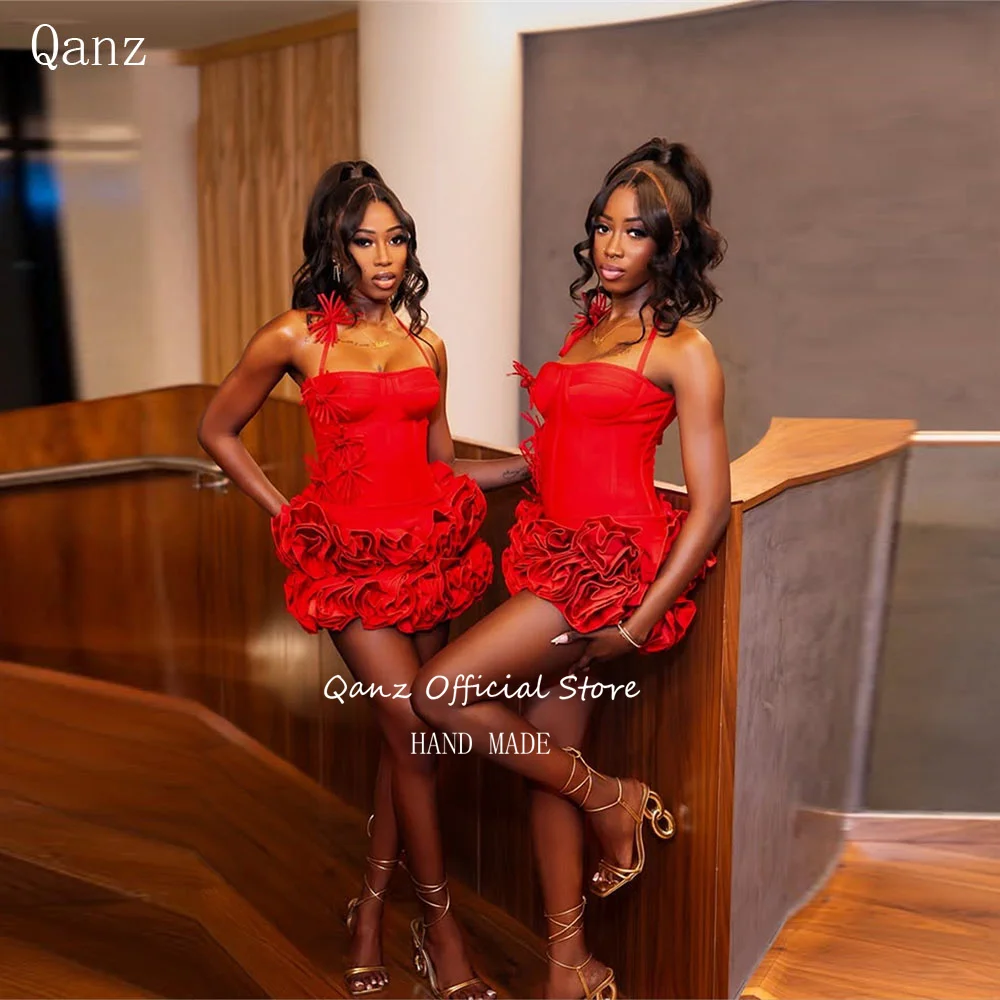 

Qanz Mini Red Birthday Dress Black Girl Short A Line Satin Prom Dress Handmade 3D flowers Strapless Vestidos De Festa Customized