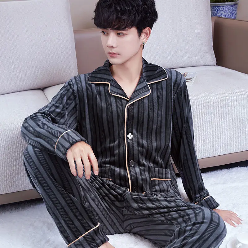 Coral Fleece Sleepwear Long Sleeve Cardigan Pants Men Pajama Sets Warm Flannel Pajamas Loungewear Autumn Winter Nightwear