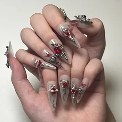 24pcs Goth False Nails 3D Sliver Metal Heart Butterfly Decor Press on Nail with Red Crystal Design Cool Girl False Nail Tips