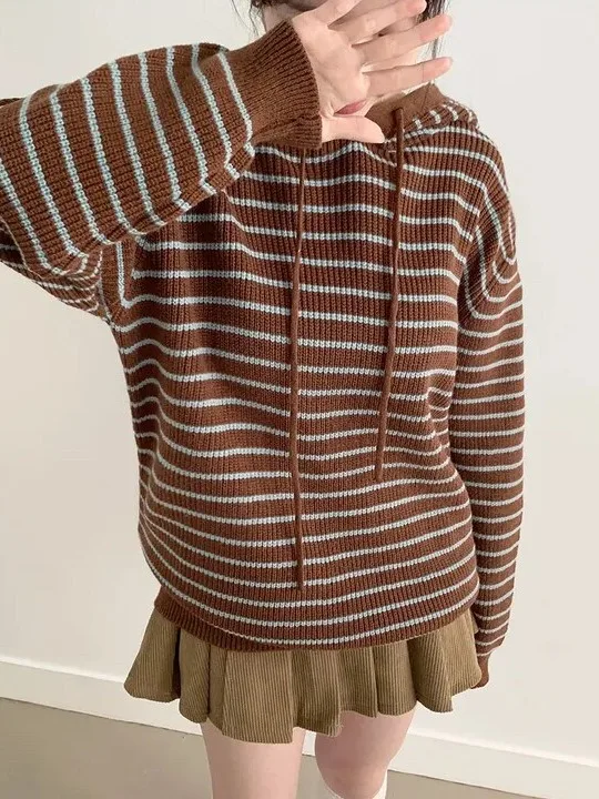 Retro Lazy Casual Hoodie Sweater Women Chic Loose Versatile Striped Knitted Shirt Autumn Winter New Style Streetwear