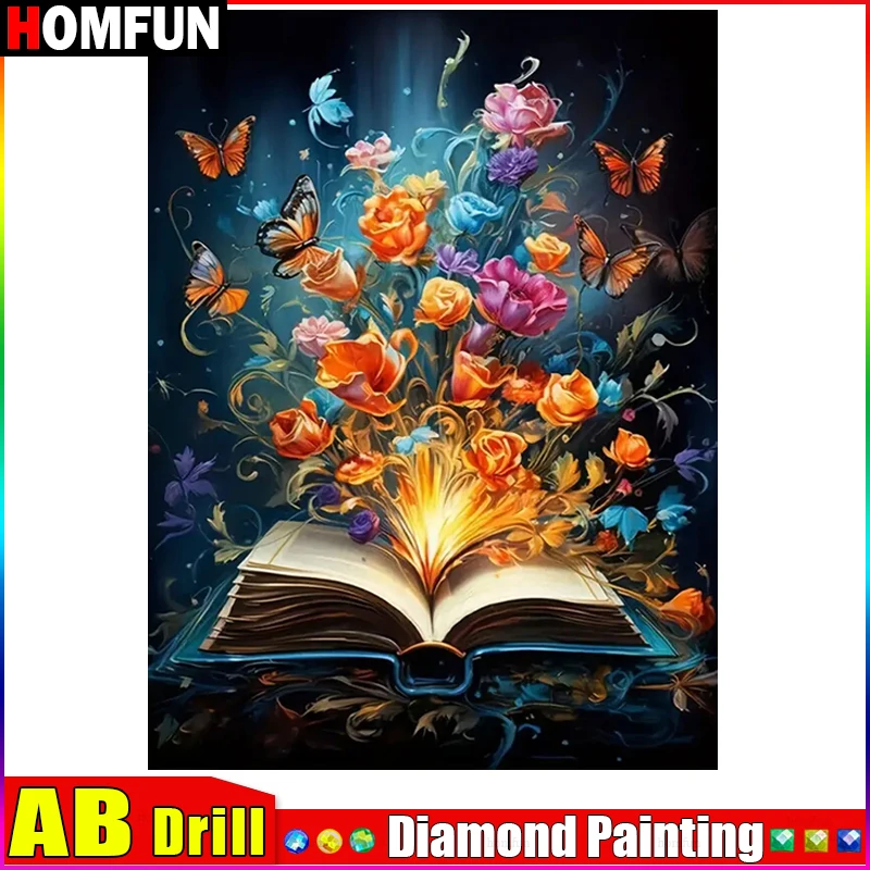 لوحة ماسية بتصميم زهور وكتاب ، تطريز بغرزة متقاطعة ، حفر كامل ، تصنعه بنفسك