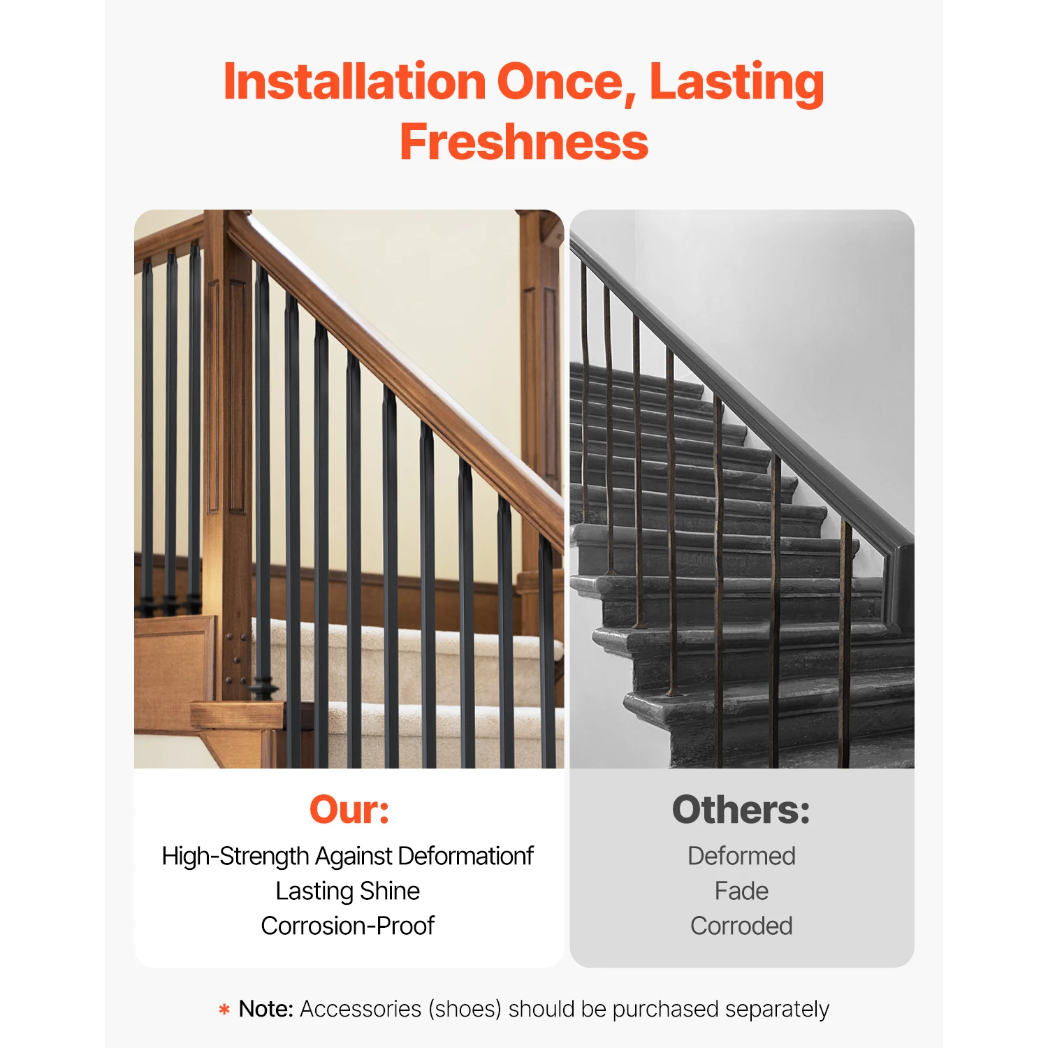 SucceBuy Staircase Balusters 26/44inch Indoor Metal Spindle Railing Corrosion-Proof Hollow Deck Railing with Pre-Drilled Holes