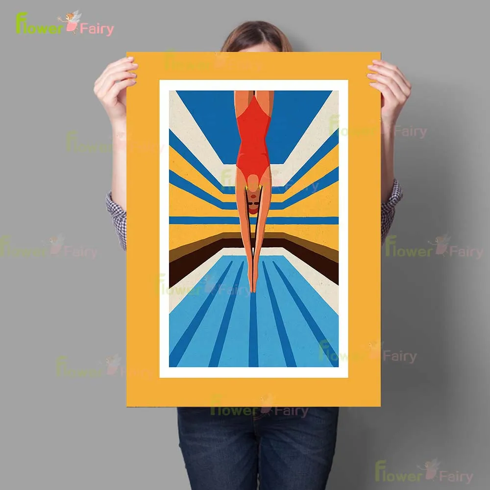 Abstract Diving Swimming Girl Woman Cartoon Poster Wall Art Canvas Painting Home Decor Wall Pictures For Living Room Unframed