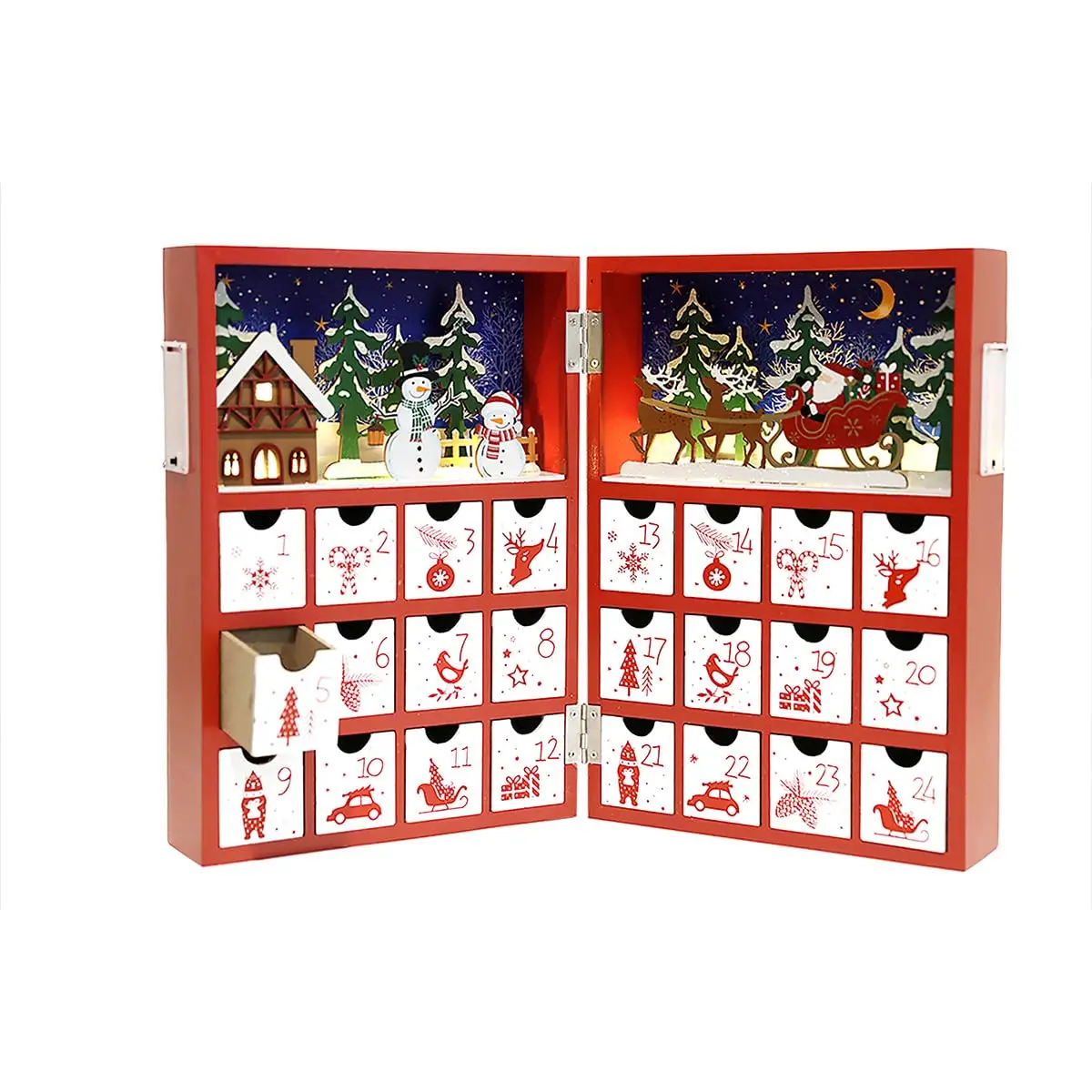 Christmas Wooden Advent Calendar Book with LED lighting Red Color Christmas Snowman & Santa Countdown Holiday Gifts