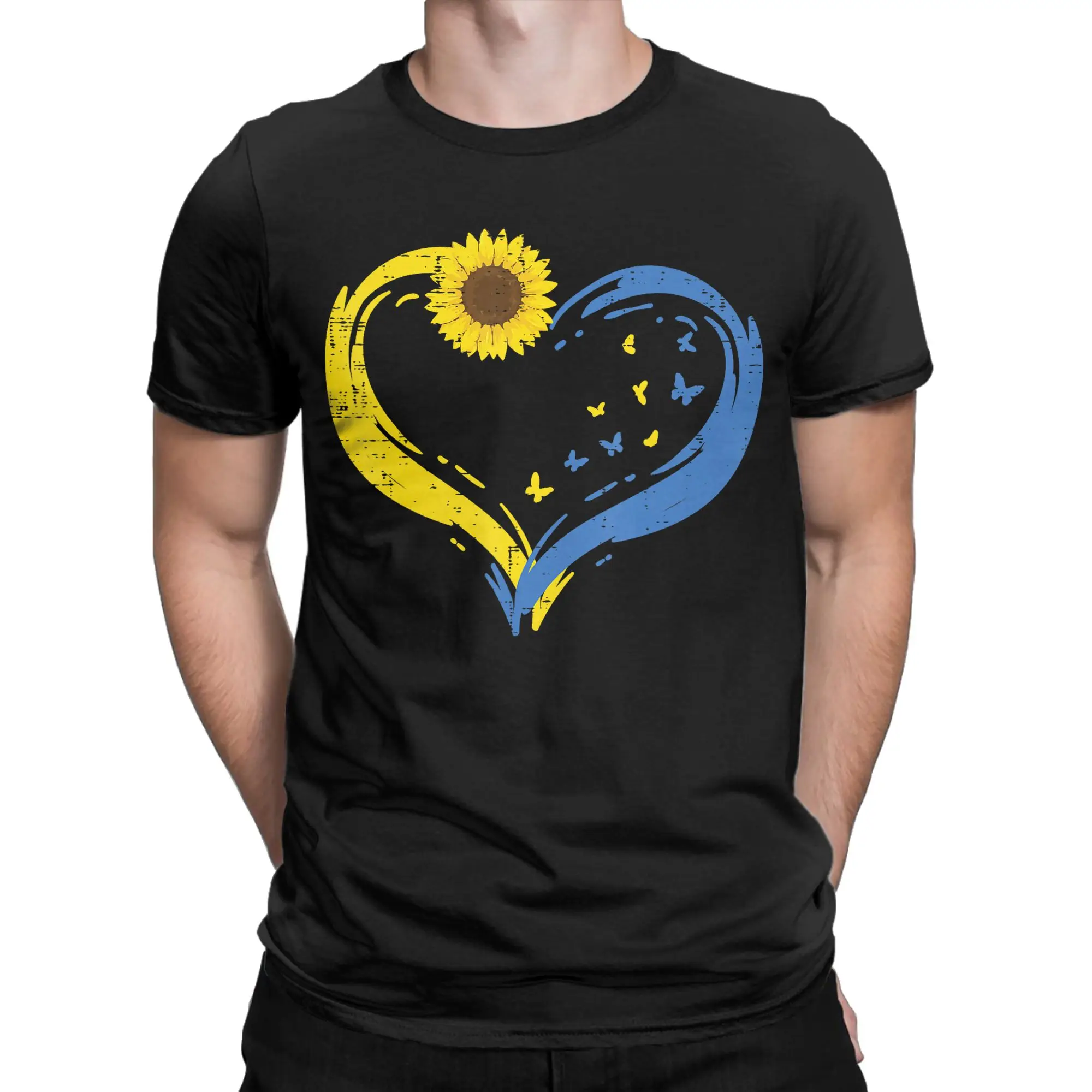 Ukraine Heart Sunflower Butterfly Ukrainian T Shirts Men 100% Cotton Novelty T-Shirt Crew Neck  Tee Shirt Short Sleeve Clothes