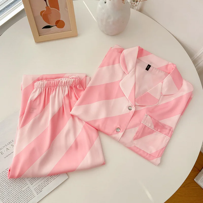 

Sleepwear Women Lounge Wear Pajamas Satin Striped Shirt&Pants Casual 2PCS PJS Suit Home Clothes Loose Lingerie Nightwear