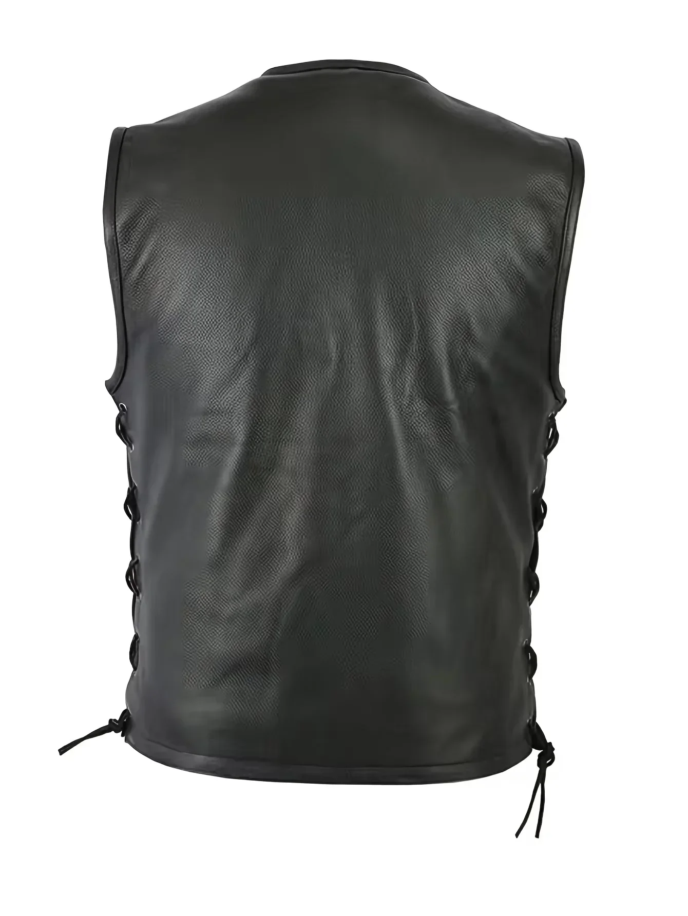 Herren-Motorradweste aus Kunstleder, ärmellose Weste mit Reißverschluss und seitlichen Schnürbändern, ideal für den täglichen Gebrauch im Biker- oder Punk-Stil. – Detail 5