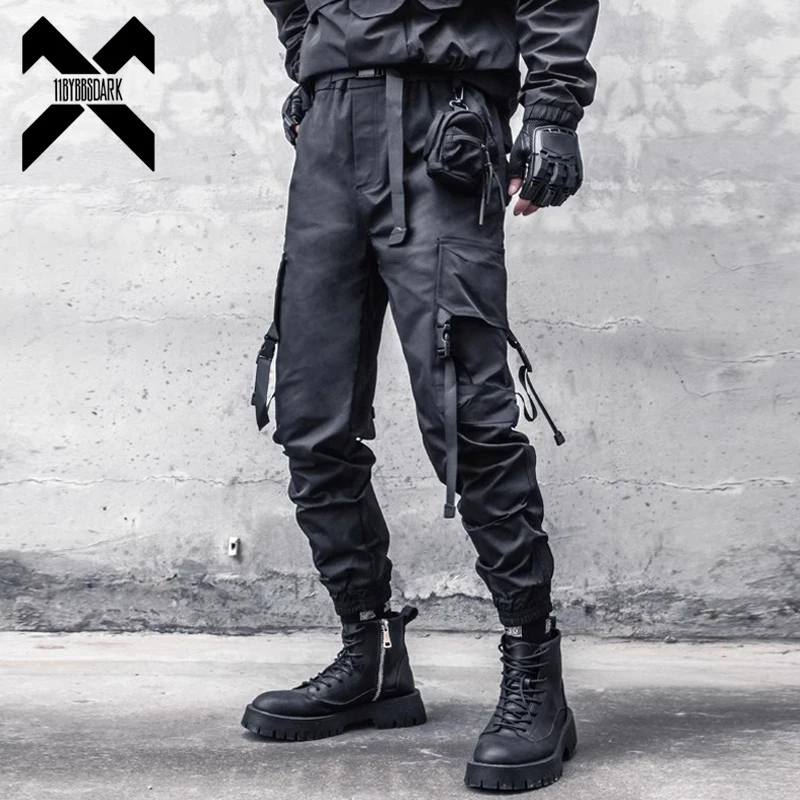 Hip Hop Tactical Cargo Pants Men Ribbons Joggers Trousers 2023 Autumn Functional Elastic Waist Fahsion Streetwear Pant Black