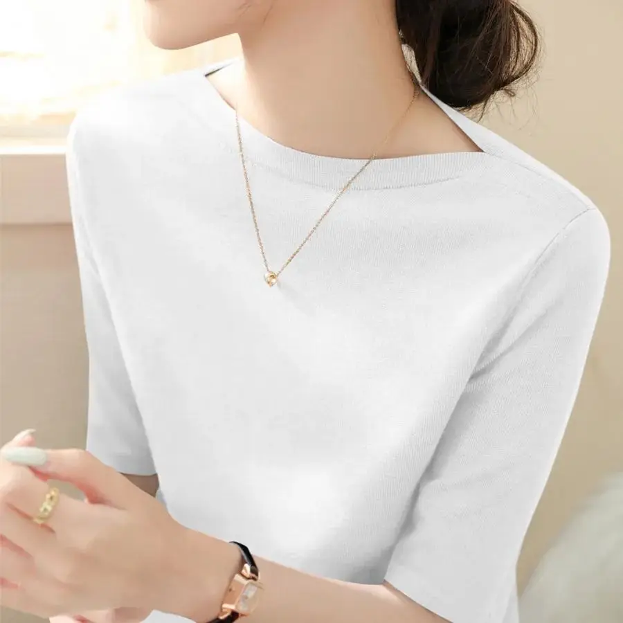 New Summer Mid-sleeve Knit French Sweater Top Slim Half-sleeved Straight Shoulder Collar Base Top Women