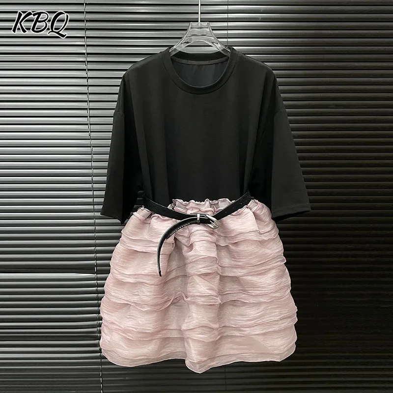 

KBQ Designer Patchwork Color Slimming Dresses For Women Round Neck Short Sleeve High Waist Temperament Dress Female Fashion New