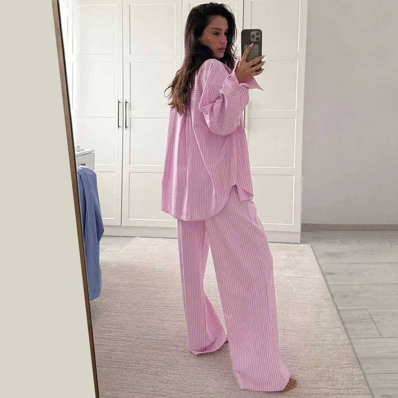 Moda azul impressão 2 peça define mulher outfit elegante manga longa único breasted camisas e cintura alta calças retas conjunto