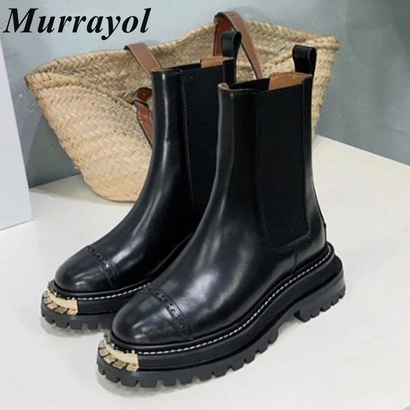 

Round Toe Metal Thick Bottom Short Boots Women Genuine Leather Elastic Band Splicing Ankle Botas Autumn Winter Chelsea Boots