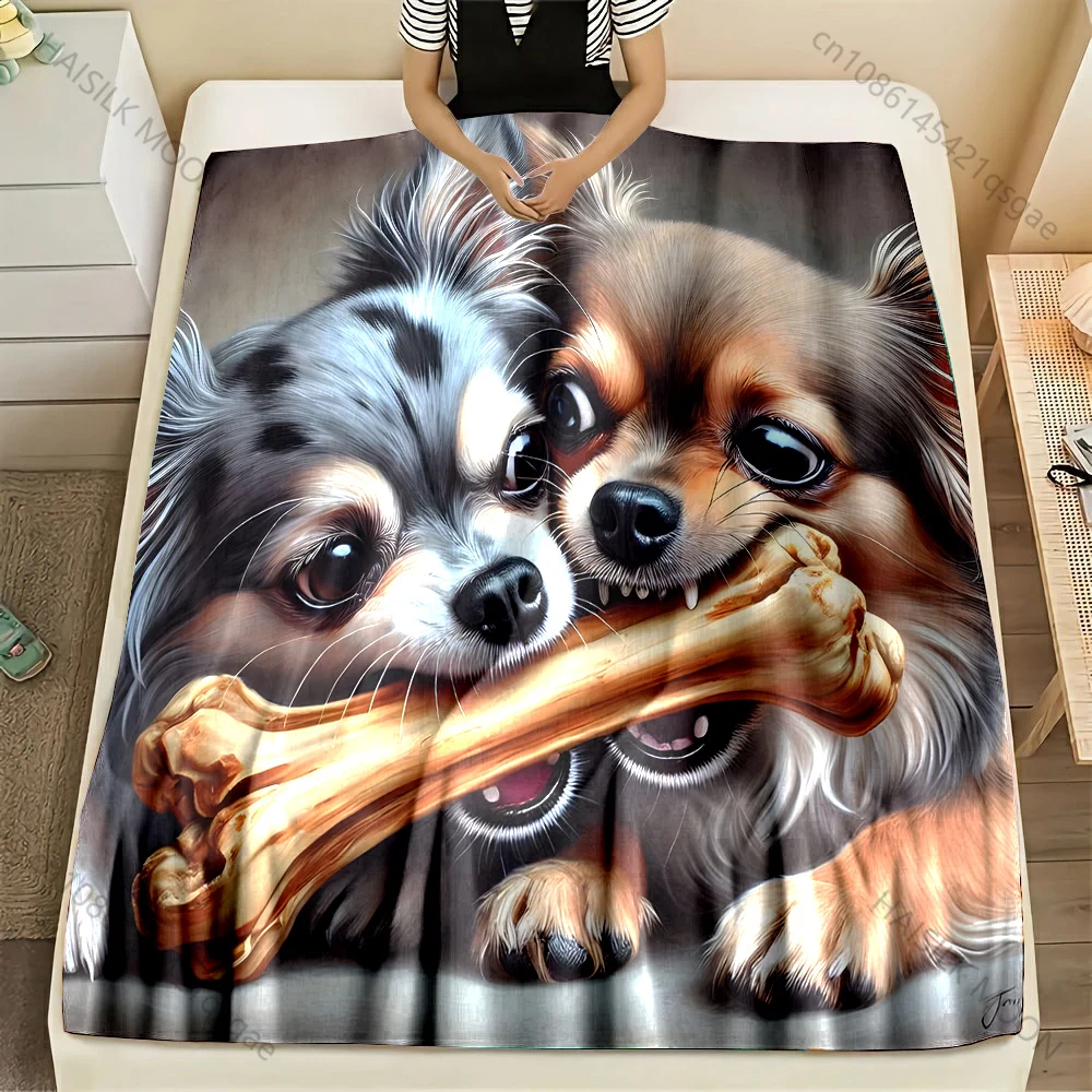 Multi-Size Two Chihuahuas Fighting Over A Bone Blanket Flannel Material Soft Warm for All Seasons, Home Outdoor Camping Picnics