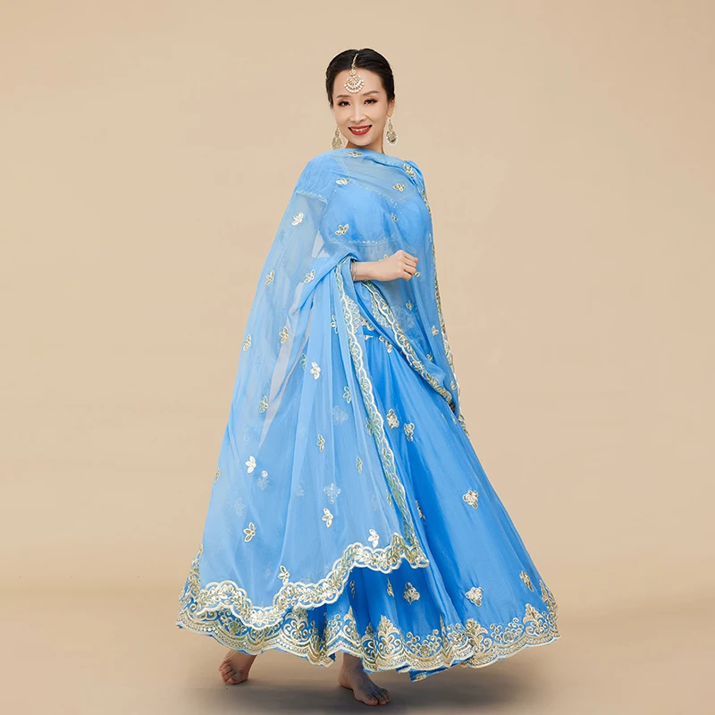 Indian Dance Clothes For Women Short Sleeve Tops Big Swing Blue Skirt Female Elegant Bollywood Saree Belly Dance Dress DQL7062