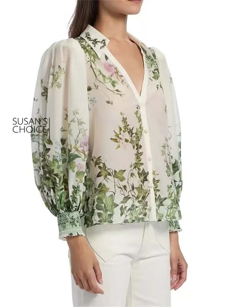 AOオリジナル ファイオン 春夏 エン プリント シルク混紡 Vネック ランタン袖 ターンダウンカラー イルト レディース トップス