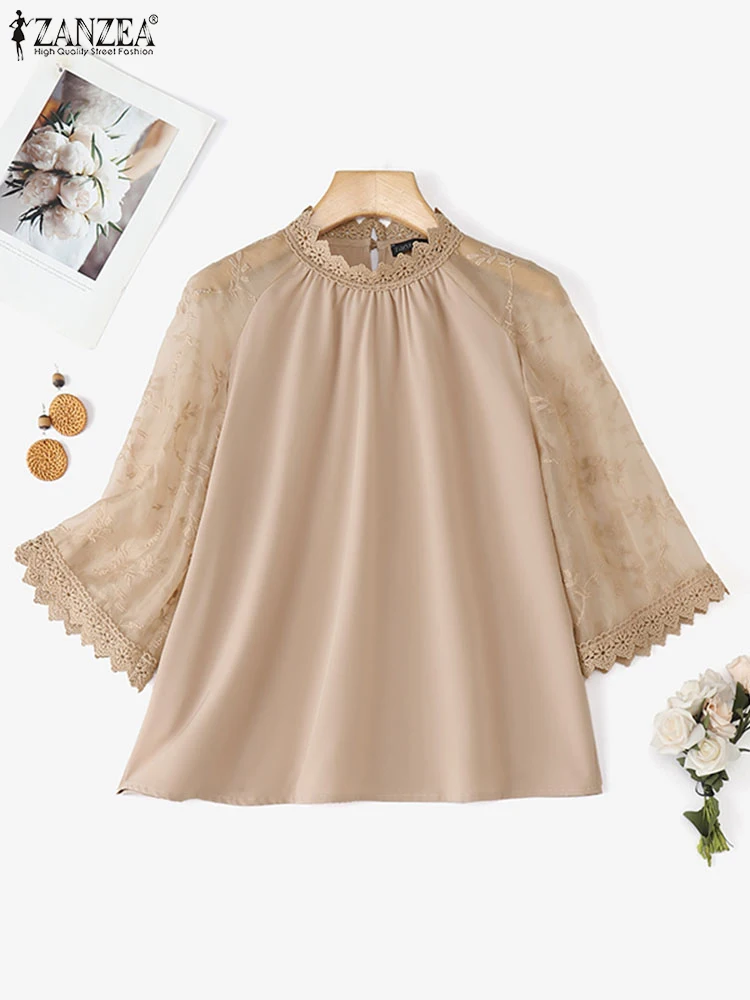 ZANZEA Blusa elegante de encaje para mujer, Tops tipo túnica informales con cuello levantado de otoño, Blusas femeninas OL de oficina de retales a la moda 2025