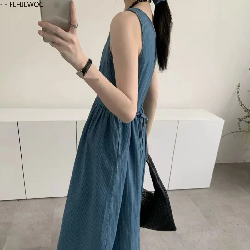 Algodão azul denim jean vestidos nova moda feminina 2025 verão data meninas rendas retro vintage listrado sem mangas colete vestido