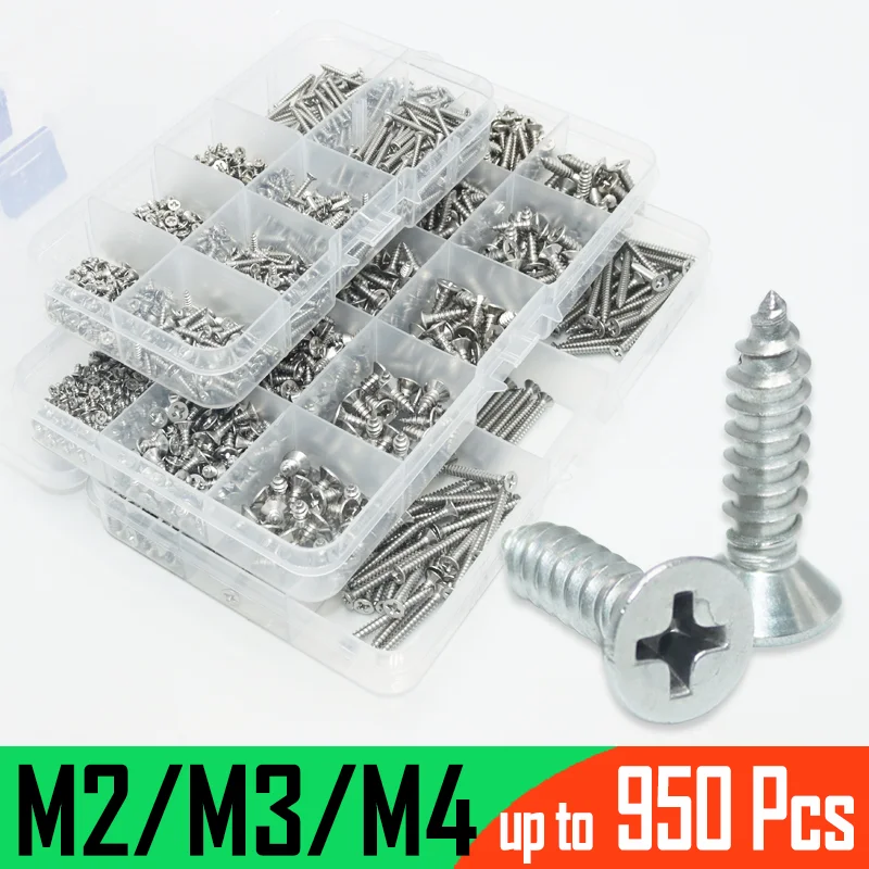 950p M2 M3 M4 Countersunk Head Tapping Screws A2 304 Stainless Steel Small Cross Phillips Flat Head Self-tapping Wood Screw Kit