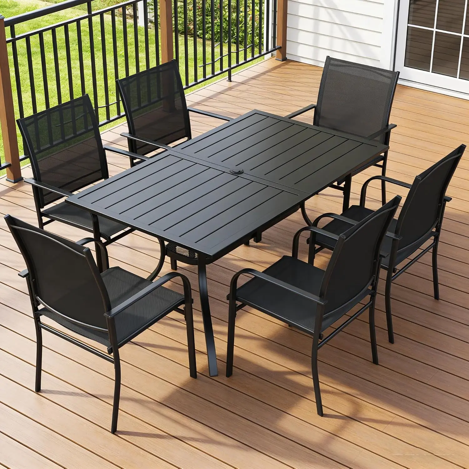 7-Piece Patio Dining Set with 6 Textilene Chairs & 1 Steel Slat Metal Table for Outdoor Lawn Garden Deck, Customized