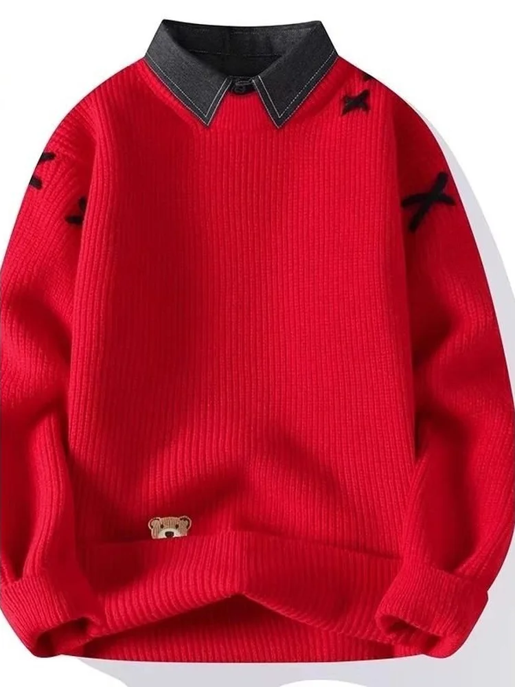 

Красный вязаный свитер свободного кроя для мужчин, весенняя новинка, имитация двухслойности, удобный, из мягкого материала, для повседневной носки.