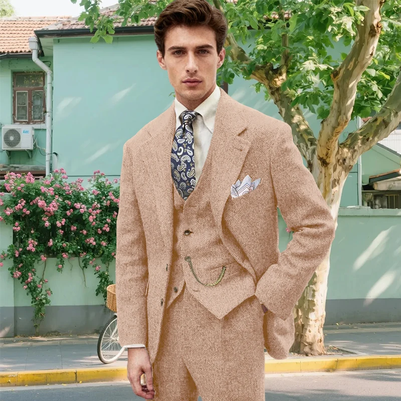 

3-piece Men's Suit Set Herringbone Single Breasted Slim Fit Male Suit Business Casual Banquet Groom's Suit (Jacket+Vest+Pants)