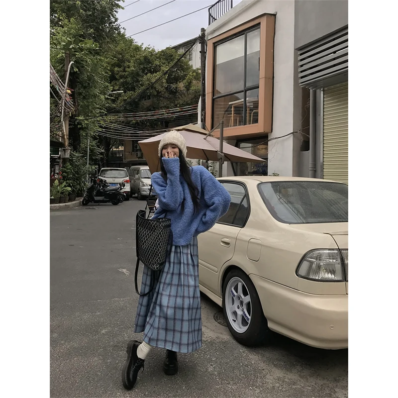 Vintage Plaid jupe Midi femmes japonais Harajuku laine jupes plissées hiver Streetwear coréen taille haute décontractée une ligne Faldas