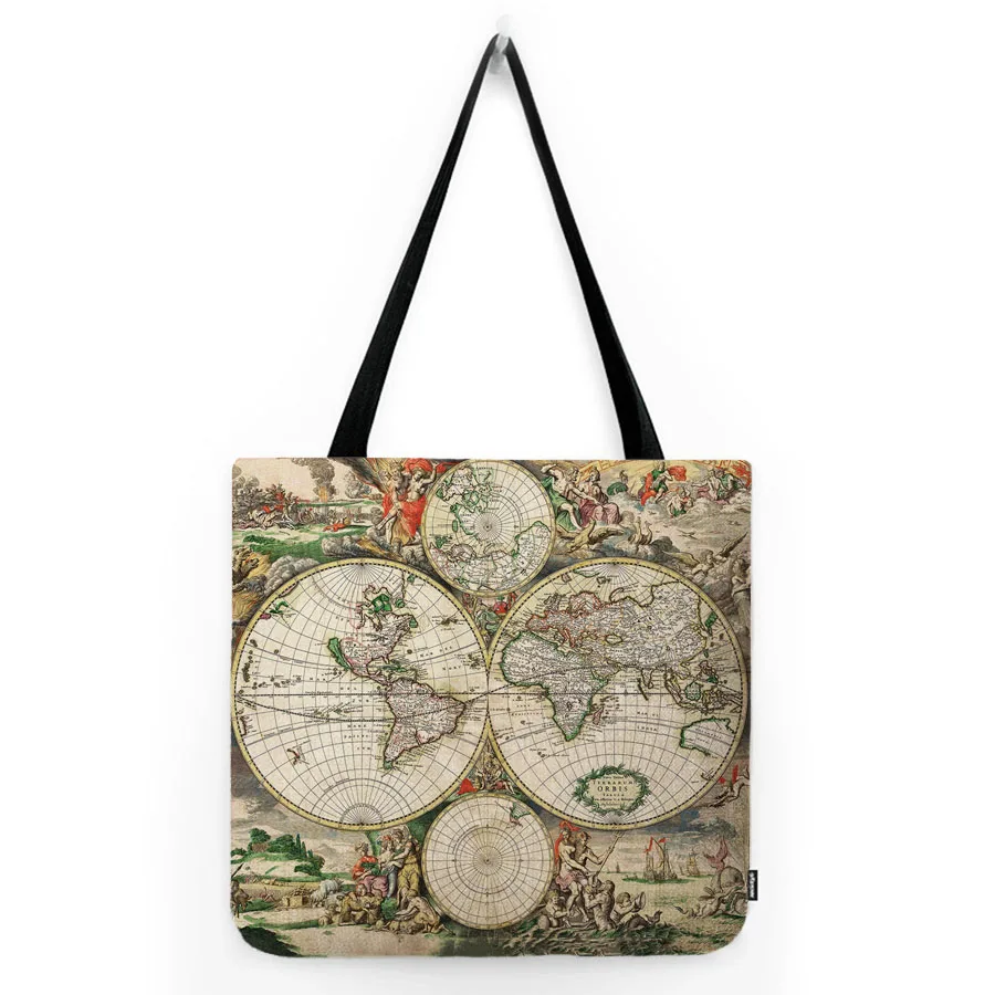 Classic Antique Map Earth Zodiac Sign Modern Art Water Resistant Cotton Linen Tote Bag Washable Foldable Shoulder Shopper Bag