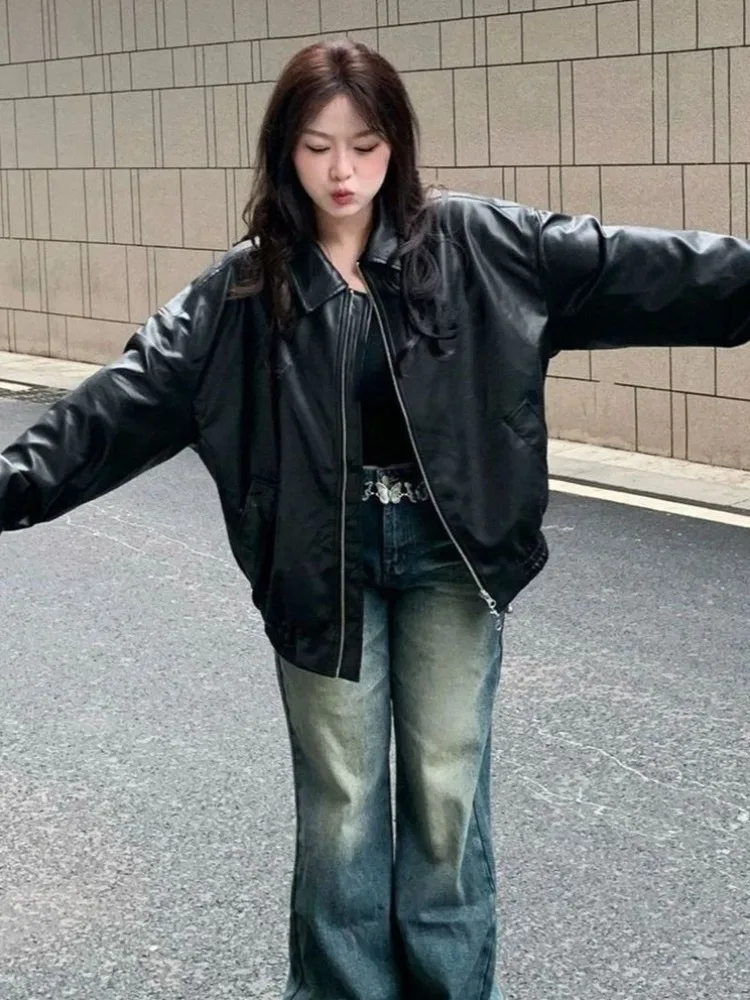 블랙 폴로 칼라 가죽 자켓 여성을위한 하이 엔드 롱 가죽 코트 한국 스타일 느슨하고 세련된 가죽 자켓