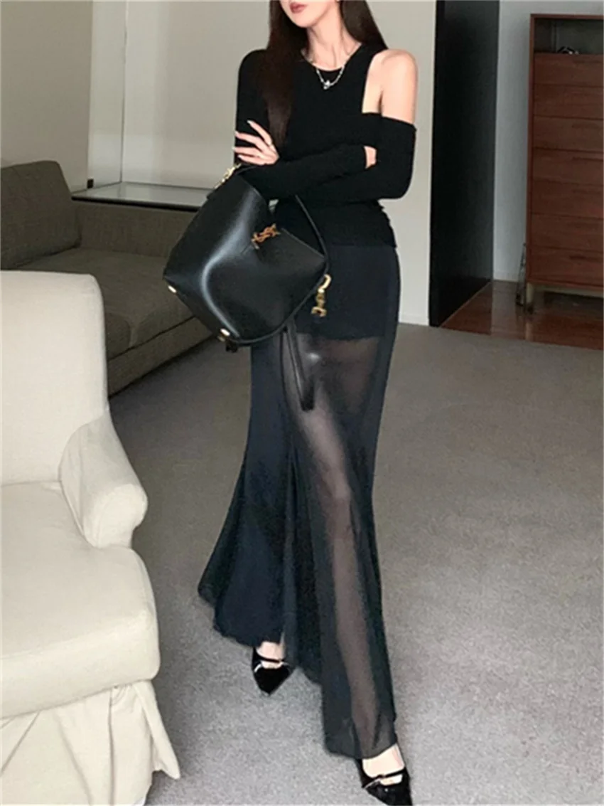 PLAMTEE Black Slim Elegant Tops New Women Maxi Skirts 2024 Office Lady High Street Spring All Match Party Daily Fashion Suit