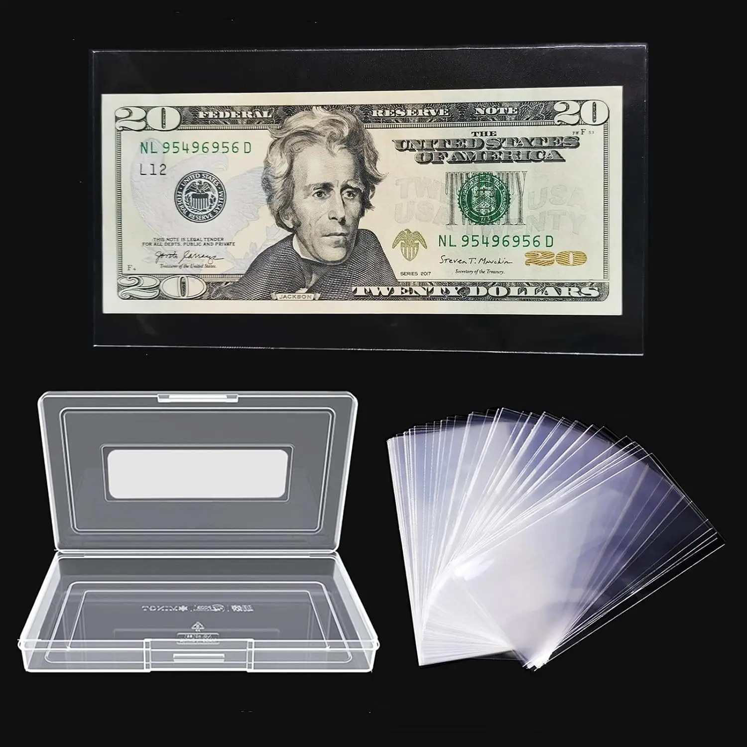 

100 Pcs Clear Currency Sleeves with Storage Box, PP Banknote Protectors, Fit Most Bills, 6.5x3.5 in