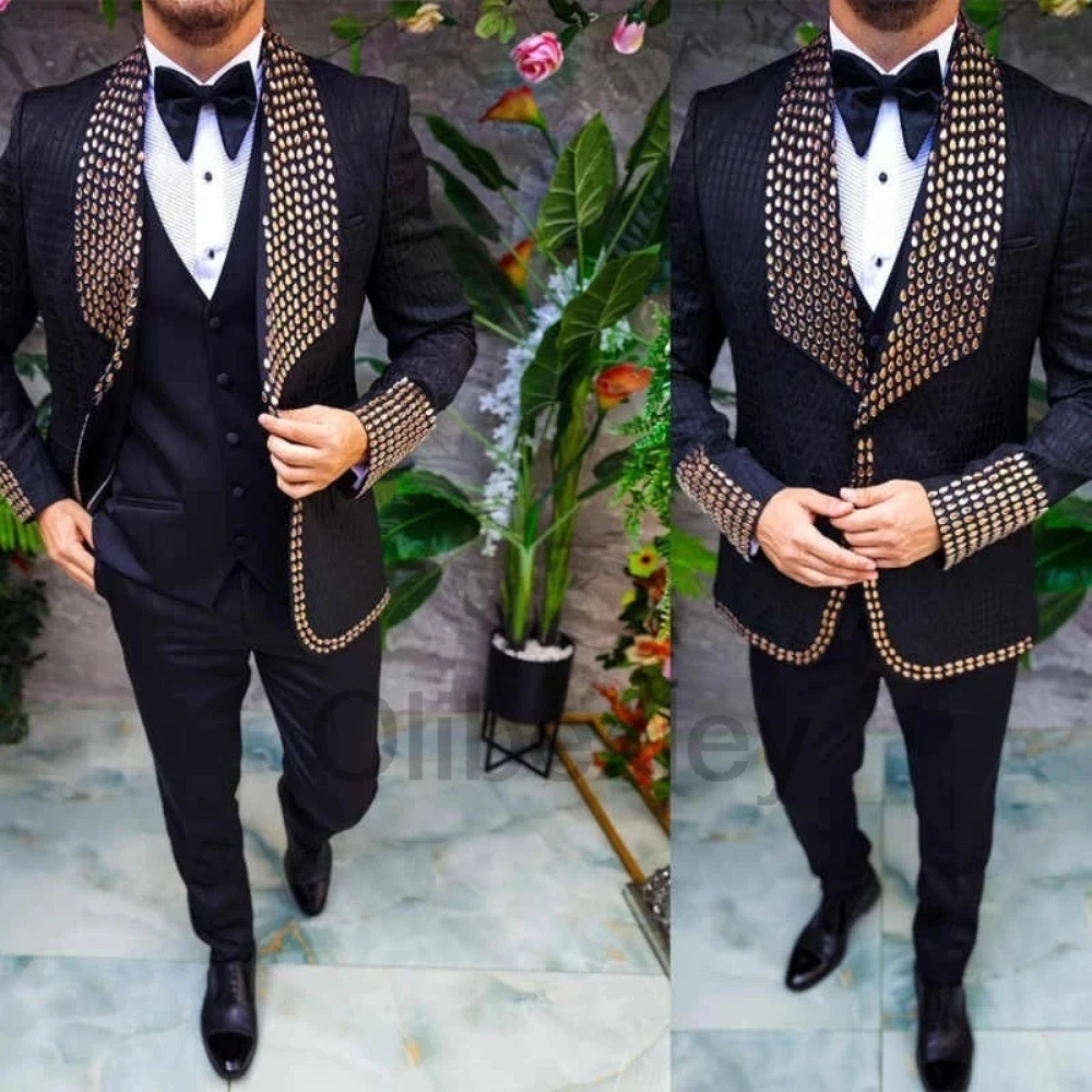Olibexley Jacquard Fashion Men Suits Slim Stand Collar Groom Wedding Tuxedos 3Pcs Sets Prom Blazers Ropa Hombre Customized S449