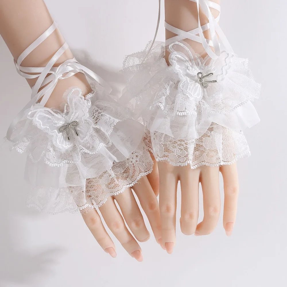 

1 пара черных/белых перчаток без пальцев, кружевные перчатки с цветочным принтом и рюшами, перчатки Лолиты, эластичный рукав с галстуком-бабочкой