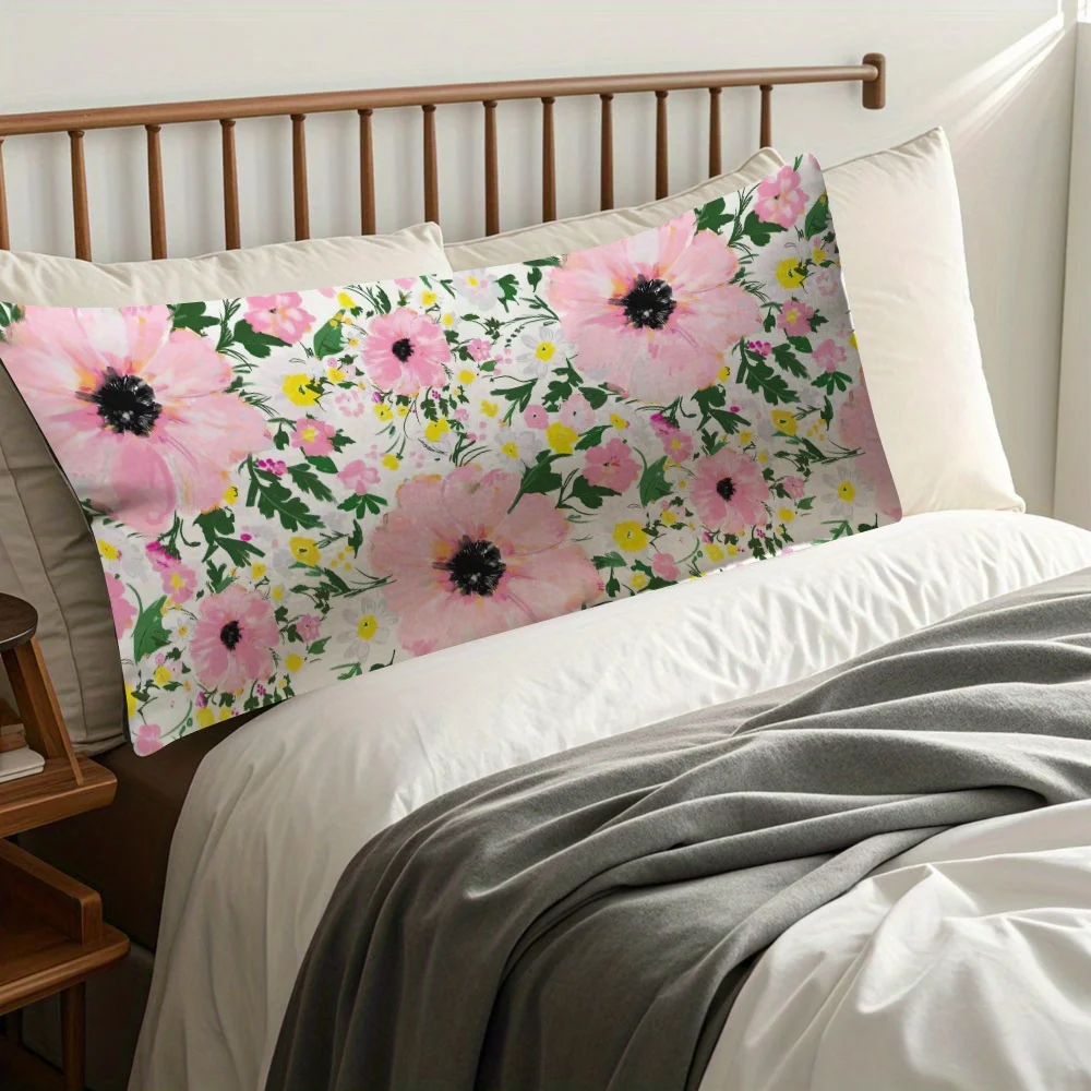 

Ultra-Soft Floral Body Pillow, Double-Sided Print with Pink and White Flowers, Breathable Polyester Fabric, Perfect for Side