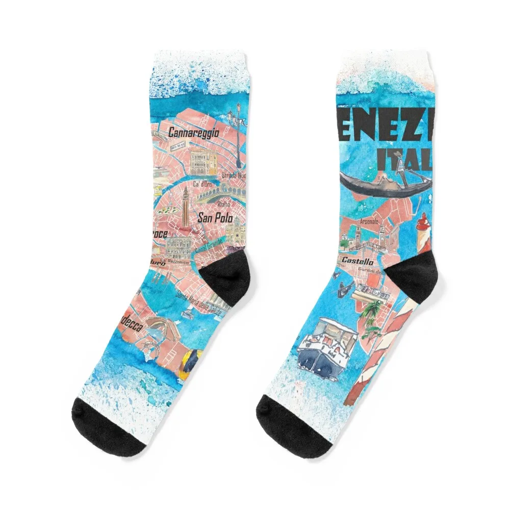 Venice Italy Illustrated Map with Main Canals Landmarks and Highlights Socks snow luxury Men Socks Women's