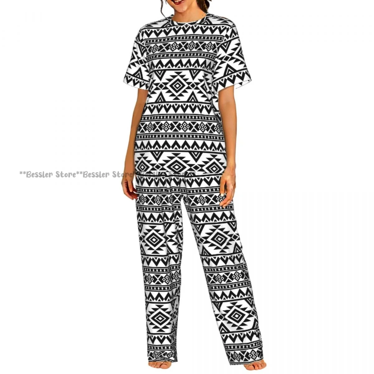 

Women's 2-piece set Black And White Tribal Pattern Pajamas Short sleeved Top and Pants Sleepwear