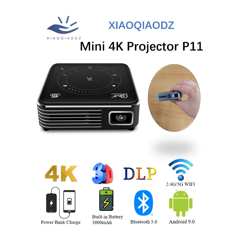 XIAOQIAODZ Mini proyector 4K P11 cine portátil DLP 3D Beamer USB 12V Android batería recargable de bolsillo Wifi Bluetooth móvil