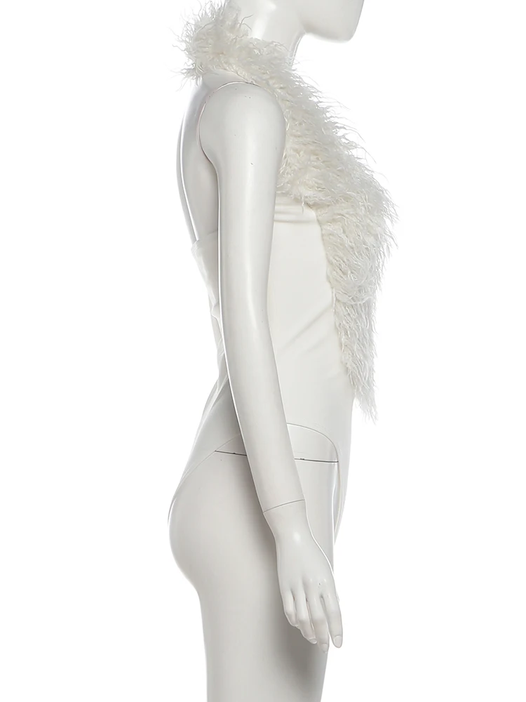 Weird Puss Bodysuit mit Kunstpelzkragen für Damen, tiefem V-Ausschnitt, Neckholder, rückenfrei, ärmellos, figurbetont, sexy, Hottie, Midnight High Street Outfit – Detail 4