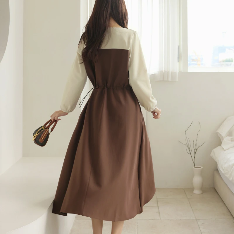 Autumn Winter Women's Dresses Loose Plus Size O-Neck Lady Vestidos Long Sleeve Patchwork Color Big Pocket Fake Two Piece Clothes