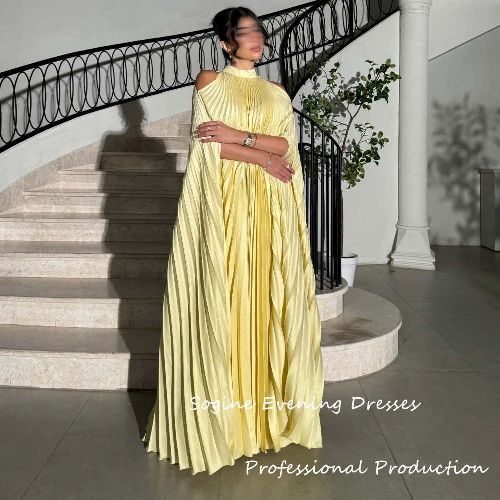 

Customized Yellow Satin Evening Dresses Pleated A-Line Bare Neck Prom Party Dress For Sexy Women Formal Floor-Length Gowns 2025