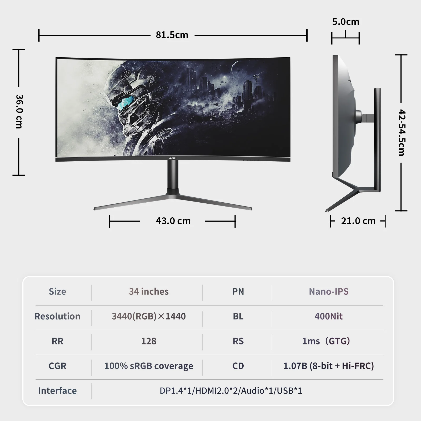 Imagem -06 - Chonsun-personalizado Ultra Wide pc Monitor 34 Fábrica 3440x1440 128hz Nano-ips 21:9 1900r Curvo Hdr400 1.07b Cores