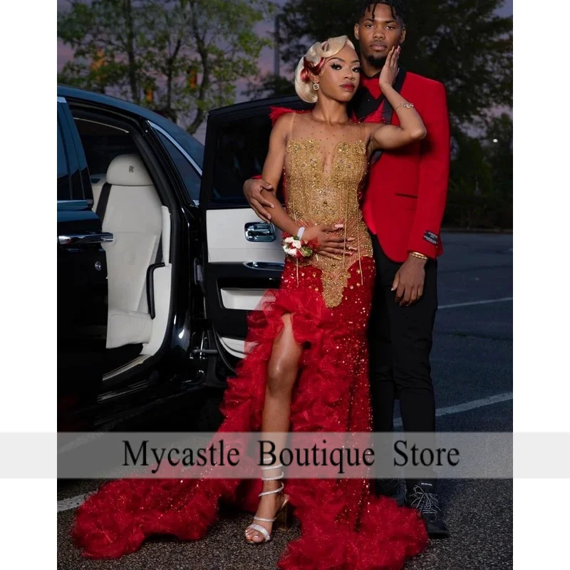 Customized Aso Ebi Red Sequins Evening Dress 2026 Gold Crystal Applique Beading African High Slit Prom Dress Party Gown